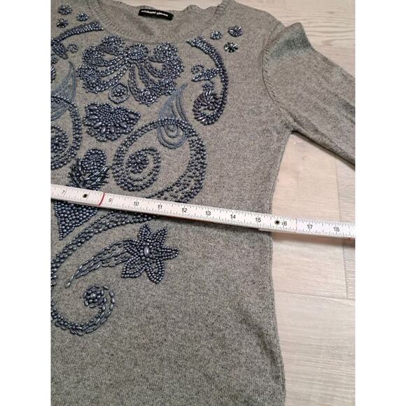 Michael Simon Womens Sz L Henley Sweater Silk Cashmere Gray Embellished Thermal - Picture 7 of 11